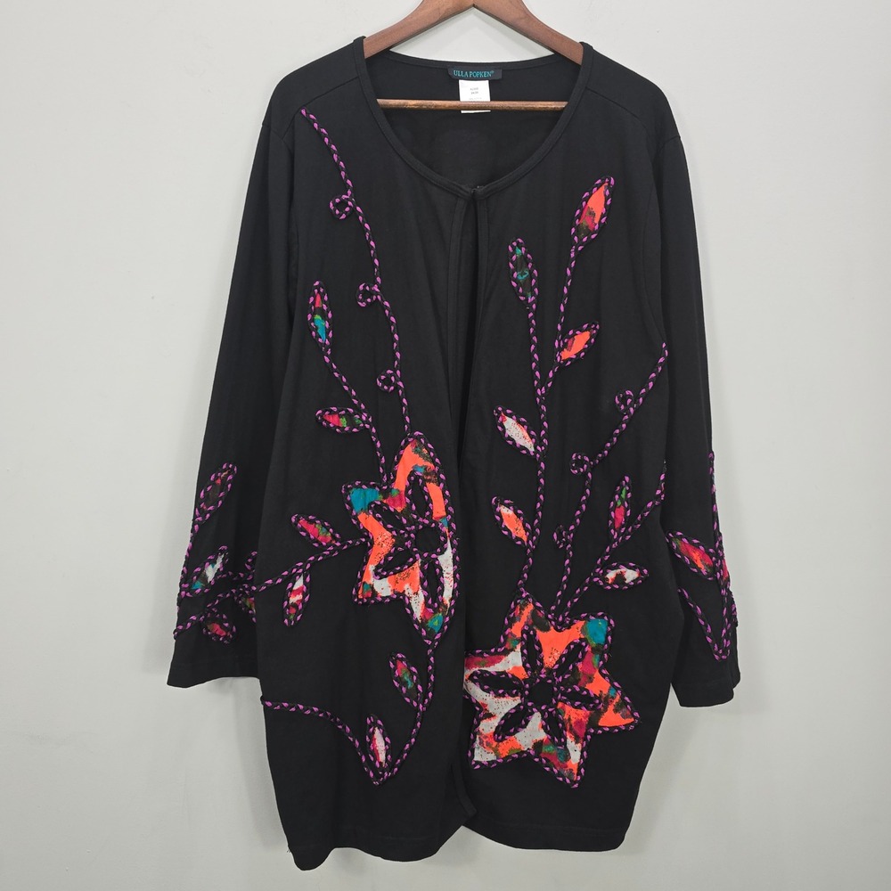 Ulla‎ Popken Cardigan24/26 Black Floral Embellished Appliques Boho Hippie Artsy